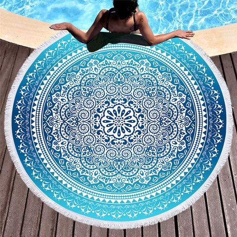 Sky Blue Mandala Round Beach Towel