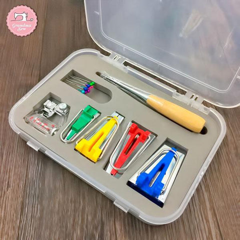 The Ultimate 16 Pcs Bias Tape Maker Box Set  (Quilting Awl & Binder Foot included)