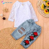 Beautiful Lace Top & Rose Embroider Jeans Set For Baby Girls