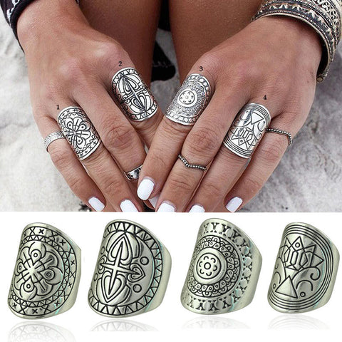 Bohemian Vintage Carving Tibetan Silver Plated Ring Set - 4pcs